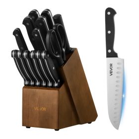 VEVOR Kitchen Knife Set with Block and Sharpener, 15 Piece German High Carbon Stainless Steel Knife Set, Kitchen Cutlery with ABS Ergonomic Handl