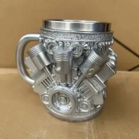 V6/V8 Engine Design Mug - Heavy-Duty Metal Construction, Double-Wall Insulated Cup With Non-Slip Grip - Vintage Automotive Beer Cup, Coffee Mug G (Option: V6)